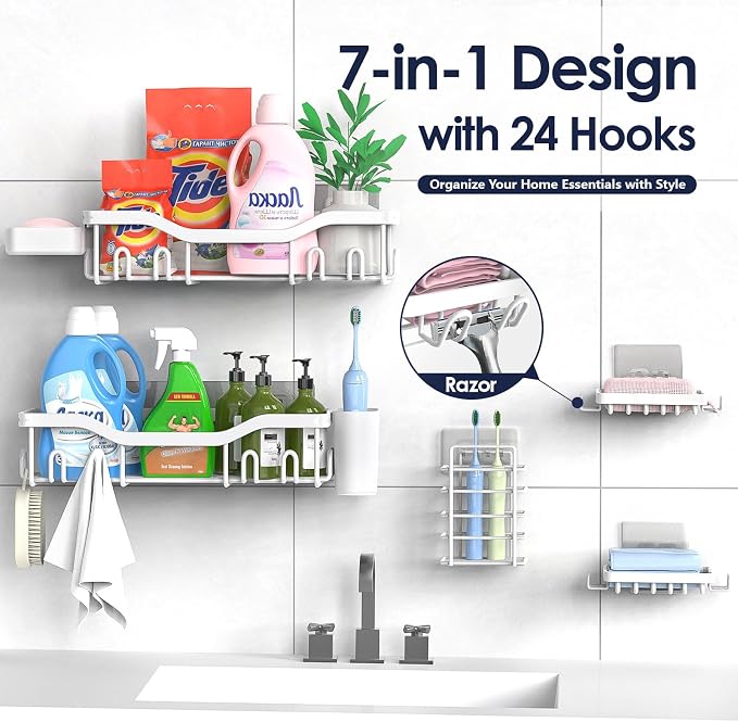 Shower Caddy Adhesive Shower Organizer 7-Pack, Rustproof Stainless Steel - Image 4