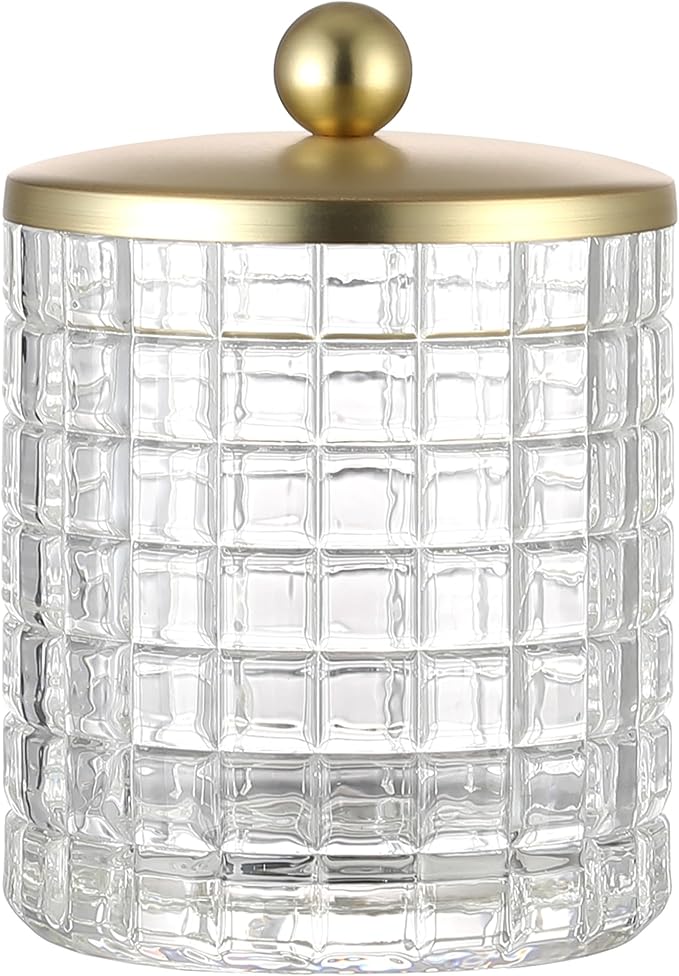 Clear Tranparent Apothecary Etched Geometric Grid Glass Jar W/Gold Metal Lid by IndecorHome