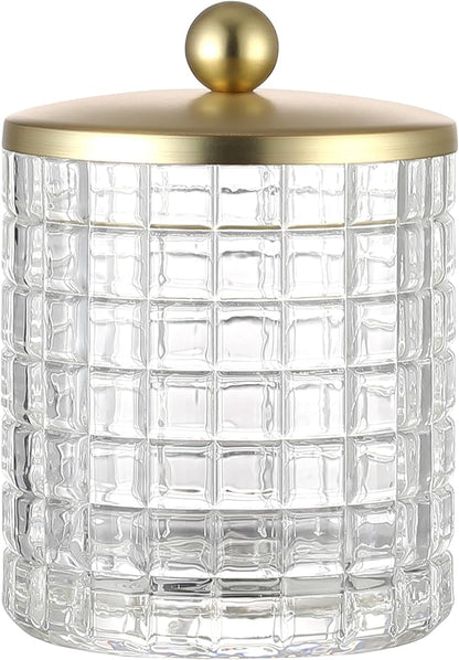 Clear Tranparent Apothecary Etched Geometric Grid Glass Jar W/Gold Metal Lid by IndecorHome