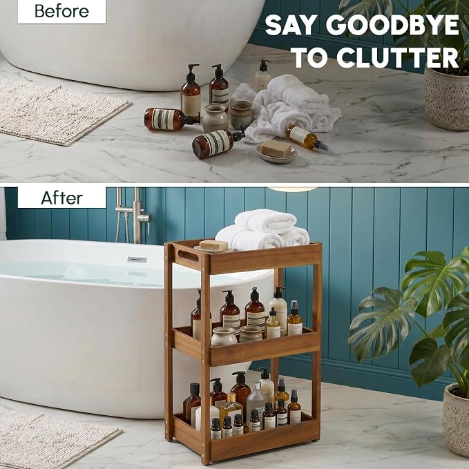 3-Tier Corner Standing Acacia Wood Shower Caddy Organizer | Freestanding corner - Image 4