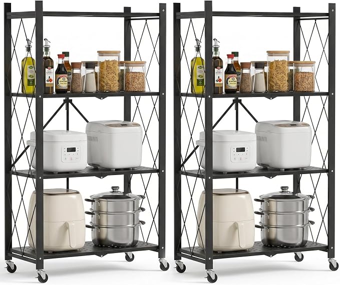 ALANNG 4 Tier Folding Storage Shelf on Wheels, Heavy Duty Metal Rolling Cart | by ALANNG