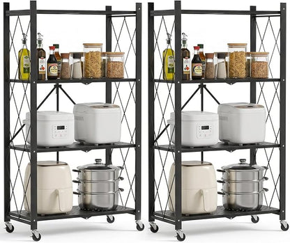 ALANNG 4 Tier Folding Storage Shelf on Wheels, Heavy Duty Metal Rolling Cart | by ALANNG