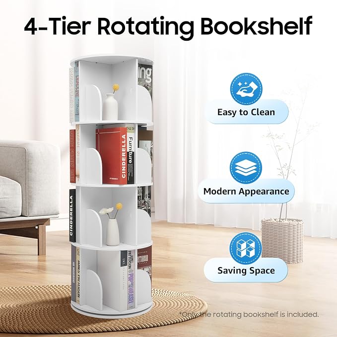 Rotating Bookshelf, 360 Display Round Bookshelf, 4 Tier Floor Standing Bookcase - Image 6