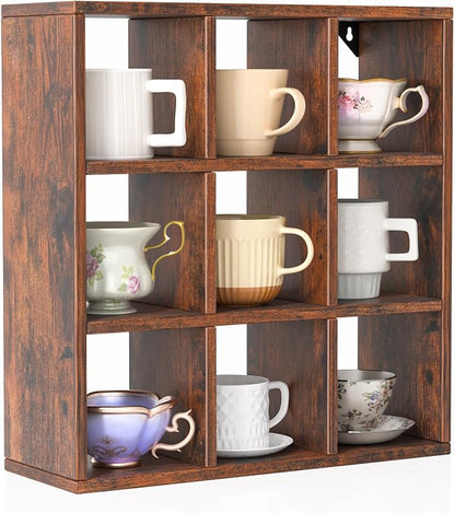 Helsin 9 Grid Vintage Coffee Mug Display Rack, 16inch Wall Mounted Wooden Curio by Helsin