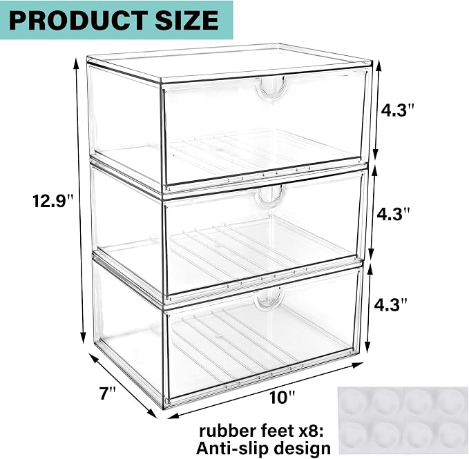 Prsildan Acrylic Makeup Organizer, 3 Pack Stackable Clear Storage Drawers - Image 3