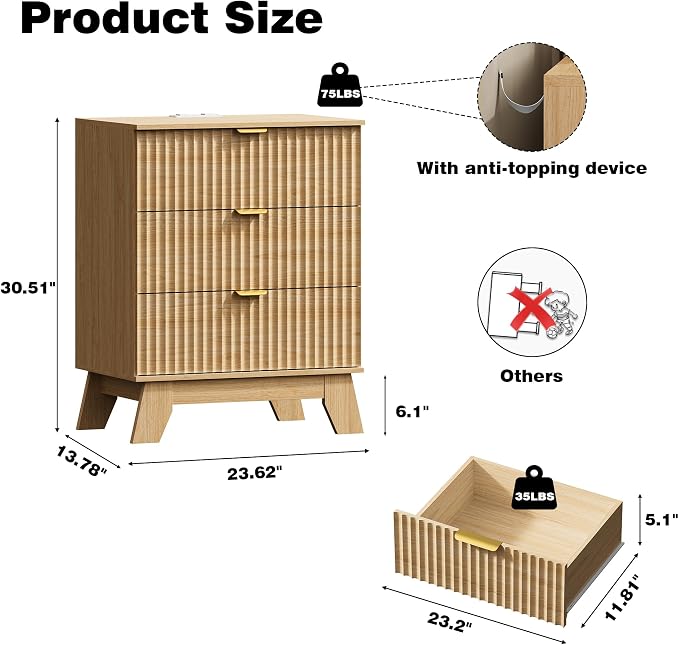 Fluted Nightstand with Charging Station, Modern Wood Side Table Night Stand - Image 2
