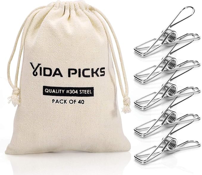 40 Pack Wire Clothes Pins Heavy Duty Outdoor, Stainless Steel ClothesPins by Vida+Picks