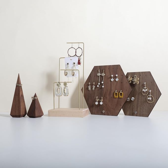 GemeShou Hexagonal Earring Organizer stand, Walnut Plywood Jewelry Display Board - Image 3