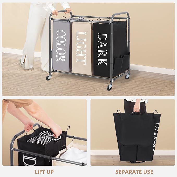 STORAGE MANIAC 3 Section Laundry Sorter, 35.9 Gal Laundry Hamper Cart - Image 4