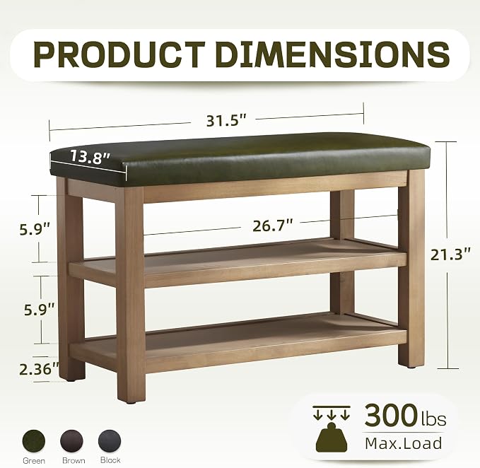 Zihanhome Shoe Rack Bench with Leather Cushion, 2 Tier Solid Wood Storage Bench - Image 2