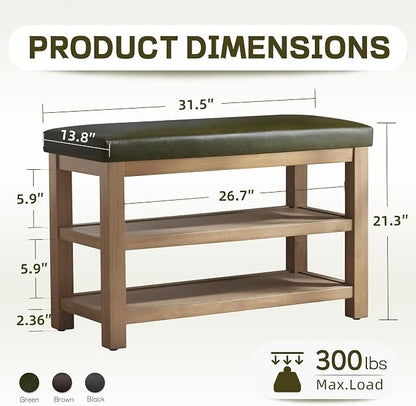Zihanhome Shoe Rack Bench with Leather Cushion, 2 Tier Solid Wood Storage Bench - Image 2