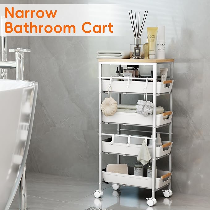 5-Tier Slim Storage Cart, Wooden Top Rolling Kitchen Cart - Image 7