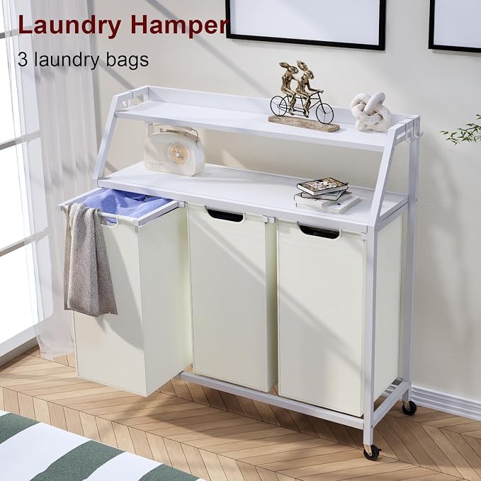 Laundry Hamper, Laundry Sorter 3 Section, Rolling Laundry Basket - Image 2