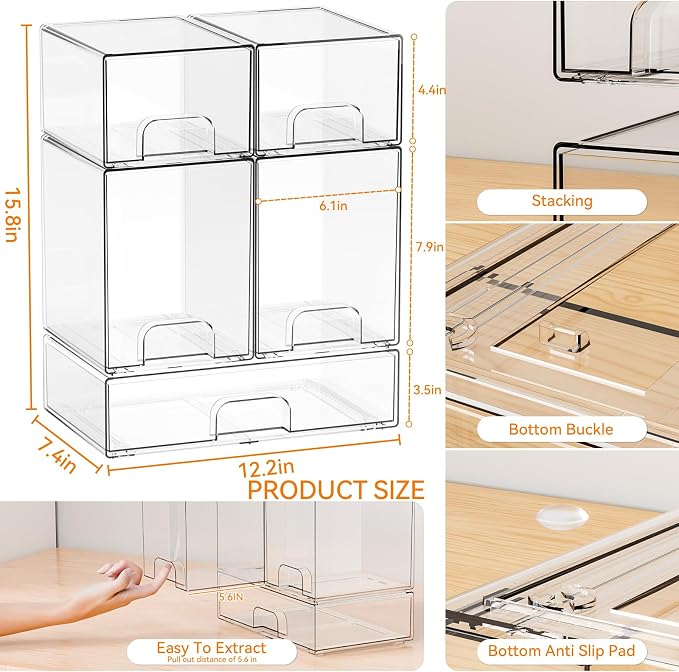 Yieach 5 Set Clear Stackable Storage Drawers and Acrylic Drawer Organizer - Image 3