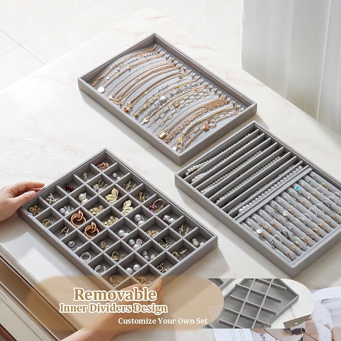 Large Velvet Jewelry Tray 2 Pack Stackable Jewelry Display Drawer Inserts Trays - Image 5