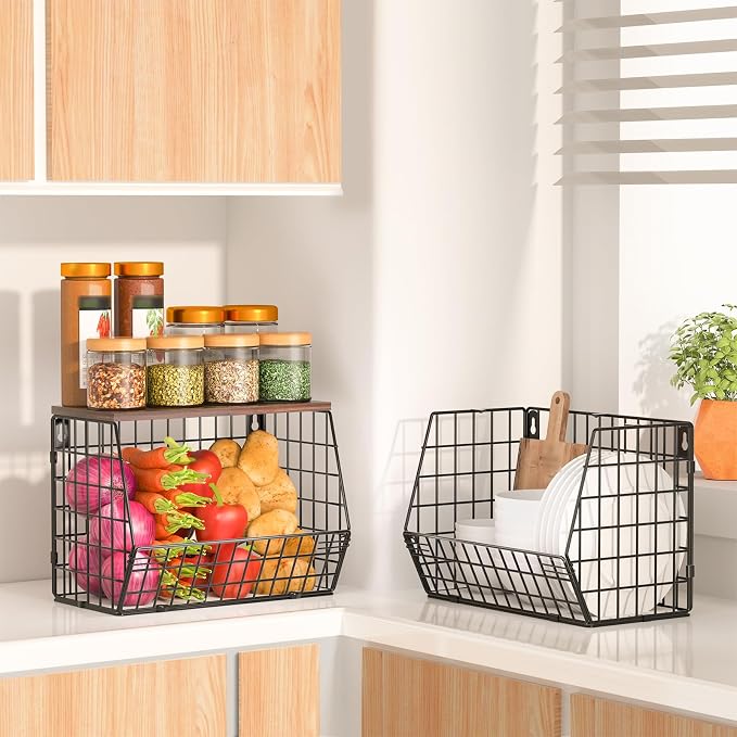 Wawocs Fruit Basket for Kitchen Counter 2 Tier Fruit Bowl, Stackable Wall - Image 4