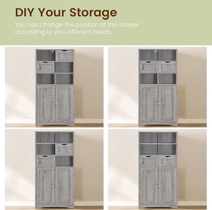 Iwell Storage Cabinet with 2 Drawers & Adjustable Shelf, Tall Bathroom Cabinet - Image 6