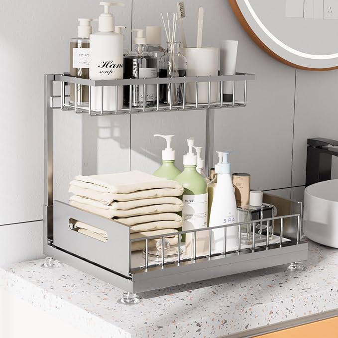 Under Sink Organizer Storage 2-Tier Premium Metal Pull-Out Racks, Height - Image 3