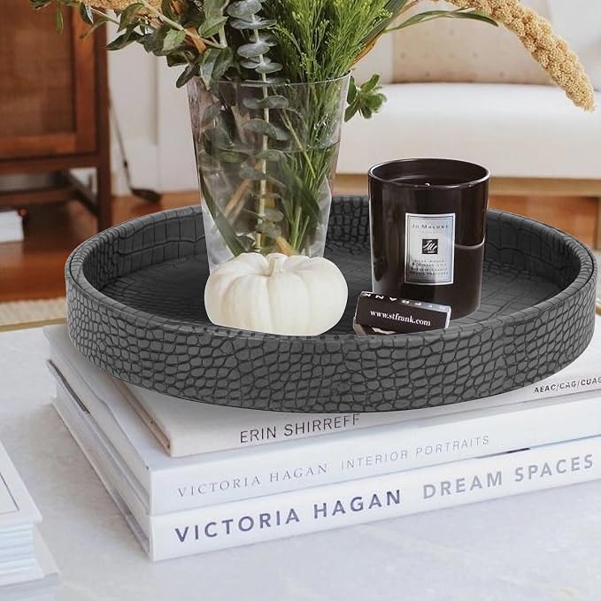 HofferRuffer Faux Leather Round Serving Tray, Vegan Croco Leather Decorative - Image 9
