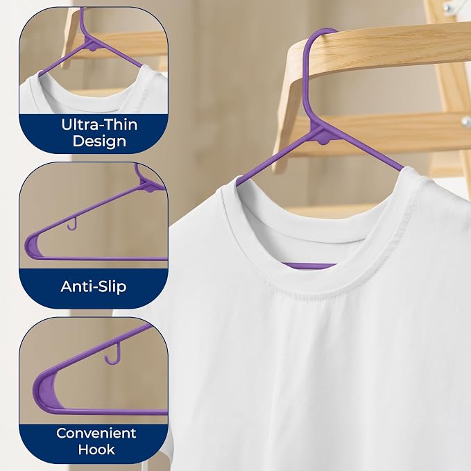 SereneLife 150-Piece Plastic Hangers Set Purple – Non-Slip, Heavy Duty Coat - Image 5
