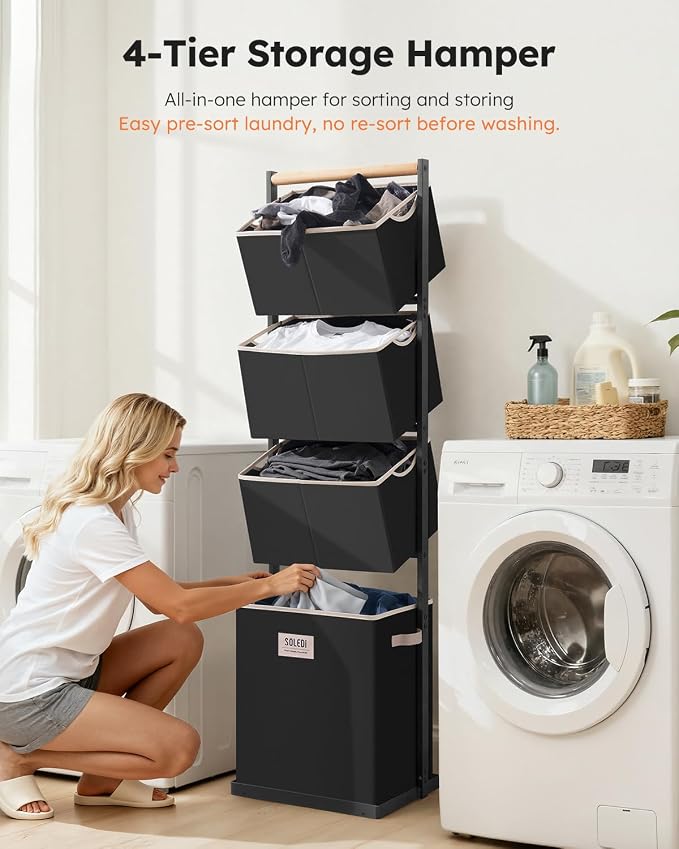 SOLEDI 4 Section Laundry Hamper Sorter, Stackable Laundry Basket Organizer - Image 3