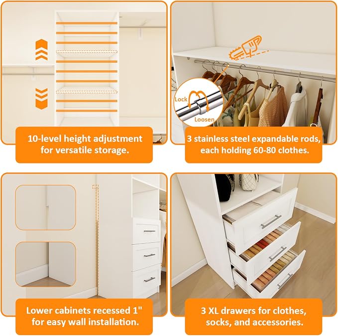 96 inch Closet System with Wooden Drawers, 5FT-8FT Closet Organizer System with - Image 4