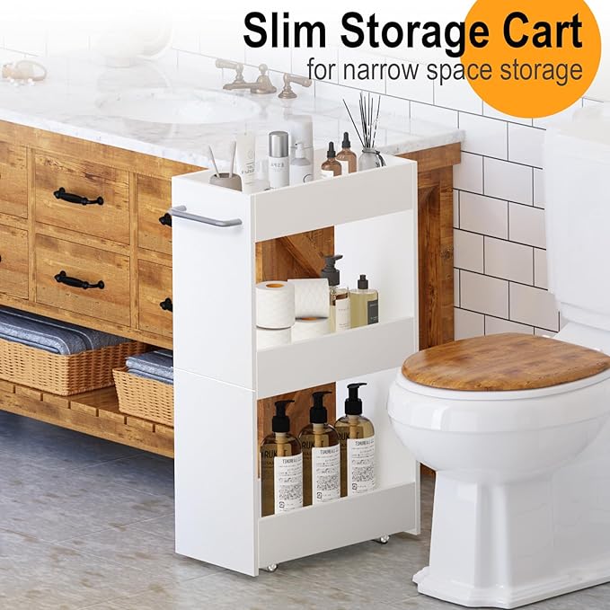 MARTY Wood Rolling Storage Cart 7.9" W, 3 Tier White Slim Utility Kitchen Cart - Image 4