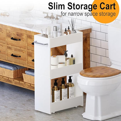 MARTY Wood Rolling Storage Cart 7.9" W, 3 Tier White Slim Utility Kitchen Cart - Image 4