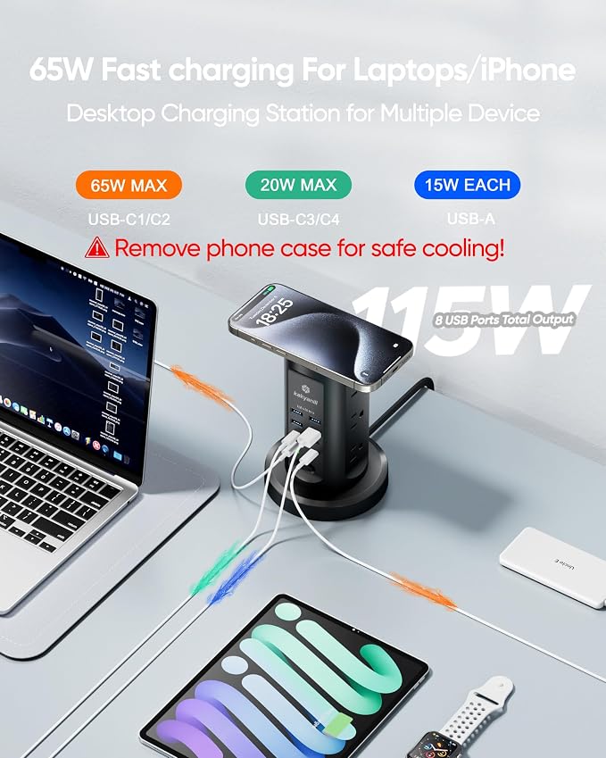 Kakyanill 115W USB Charging Station, Power Strip Tower, 9 AC Outlets - Image 3