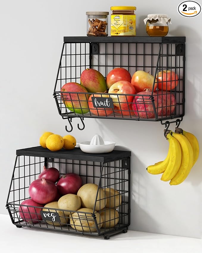 Goozii Black Kitchen Wall Hanging Storage Basket Set of 2, Rustic Stackable by Goozii