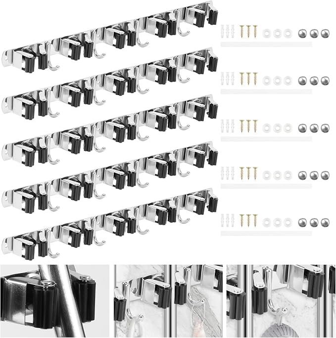 5 Pack Broom Holder Wall Mount 5 Racks 4 Hooks Stainless Steel Broom Mop Holder - Image 8