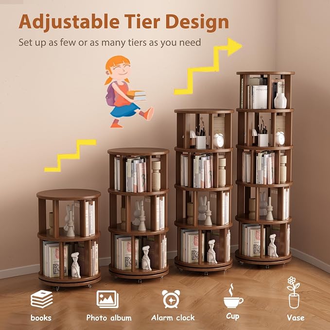 Solid Wood Rotating Bookshelf on Wheels, 5 Tier, Round Revolving Bookcase - Image 7