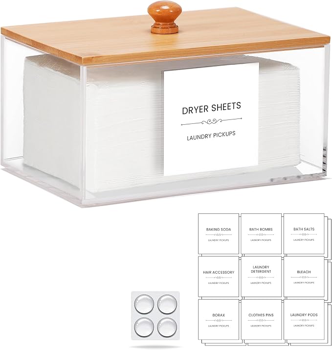 Dryer Sheet Holder with 30 waterproof Labels, Acrylic made tissue box holder by ZUHSANHOMEDECORS