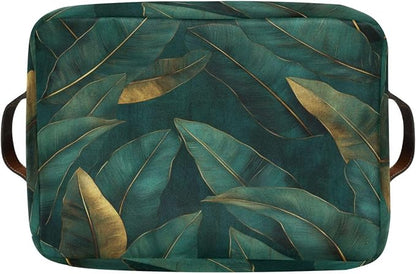 Dark Green and Gold Leaf Pattern Storage Bins Box Foldable Shelf Basket - Image 8