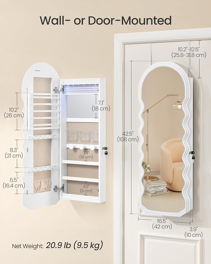 SONGMICS Mirror Jewelry Cabinet Wall Mounted Over the Door, Hanging LED Jewelry - Image 5