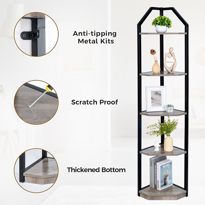 Fun Memories 5 Tier Corner Shelf, 70” Corner Shelf Stand, Corner Bookshelf - Image 4