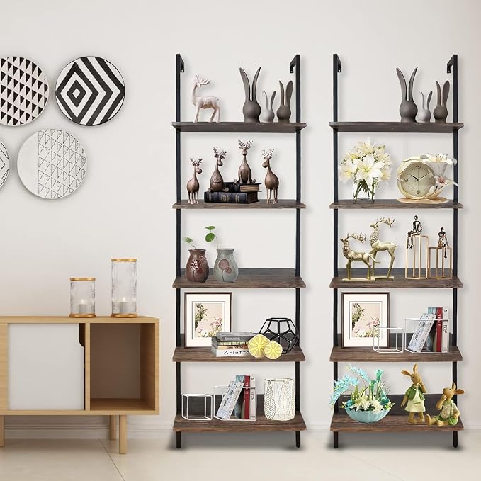 5 Tiers Ladder Shelf 2-Piece Black Modern Tall Bookshelf Open Large Tall Wall - Image 5