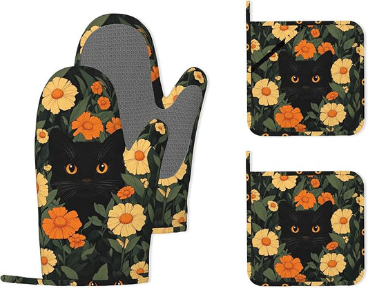Black Cat Flowers Heat-Resistant Silicone Oven Mitts and Pot Holder 4 Piece Set by Unknown