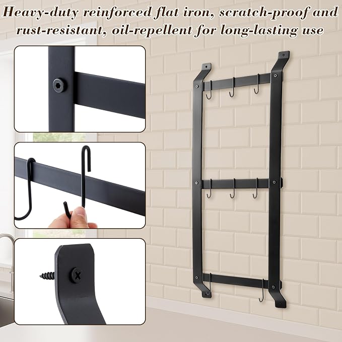 MorningRo 37” Pot and Pan Hanging Rack Wall Mounted, 3 Tier Iron Vertical - Image 6