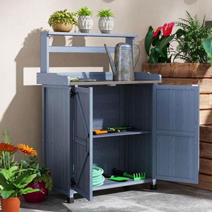 Outdoor Potting Bench with Storage Cabinet and Metal-Plated Tabletop, Top - Image 7