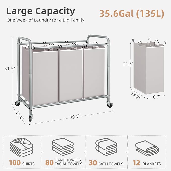 STORAGE MANIAC 3 Section Laundry Sorter, 35.6 Gal Laundry Hamper Cart - Image 4