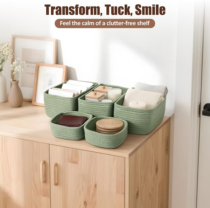 5-Pack Small Woven Rope Storage Baskets, 2 Sizes Organizer Bins | Fabric Cube - Image 5