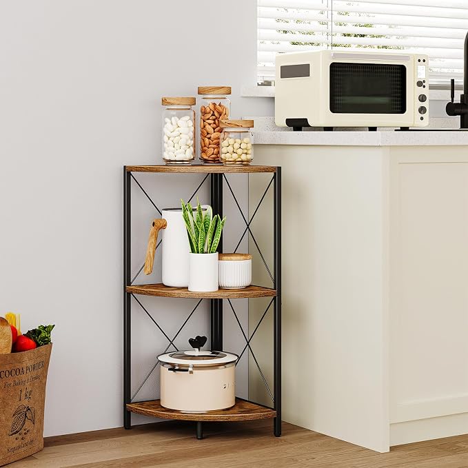 Snughome Corner Shelf with Metal Frame, 3 Tier Rustic Corner Storage Organizer - Image 4