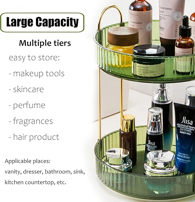 Rotating Makeup Organizer Countertop 2 Tier Lazy Susan Trays Clear Skincare - Image 3