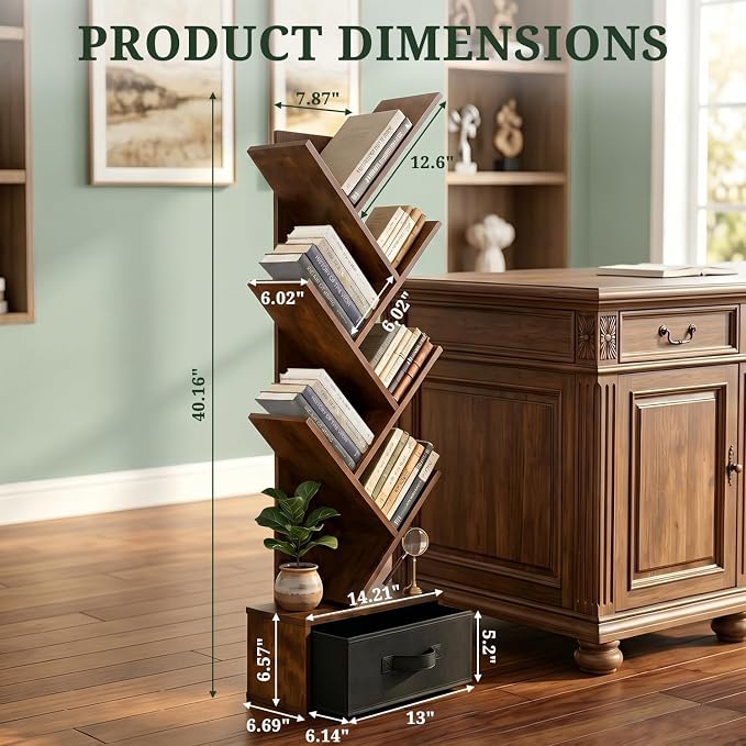 7 Tier Tree Bookshelf with Storage Drawer, Floor Standing Bookcase | Modern - Image 3