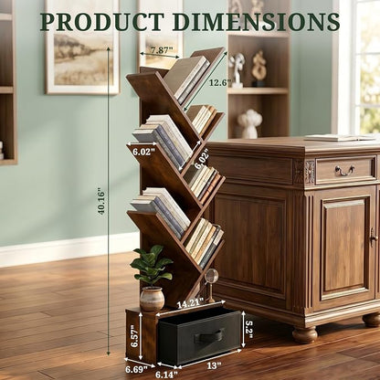 7 Tier Tree Bookshelf with Storage Drawer, Floor Standing Bookcase | Modern - Image 3