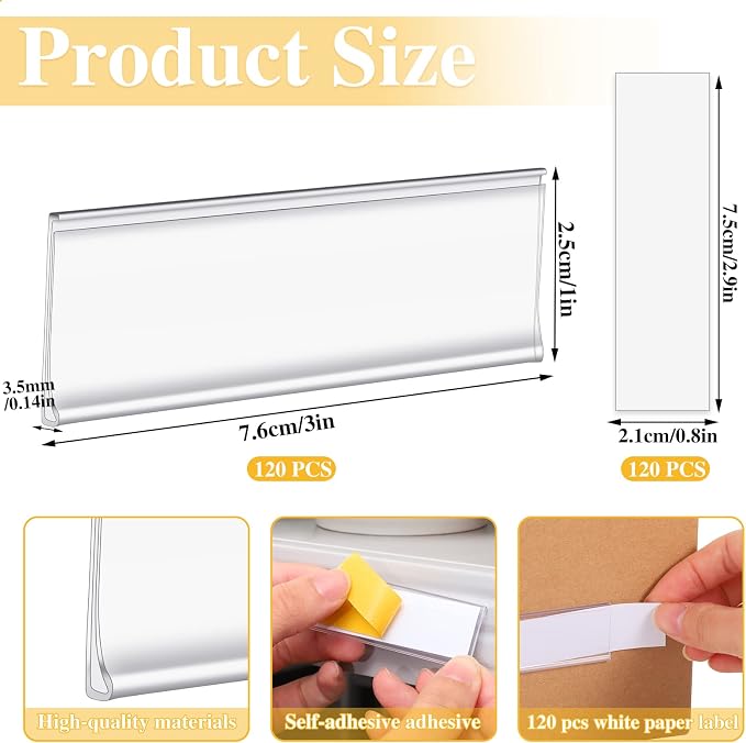 120 Set Shelf Labels, 3 x 1in Adhesive Label Holders - Image 2