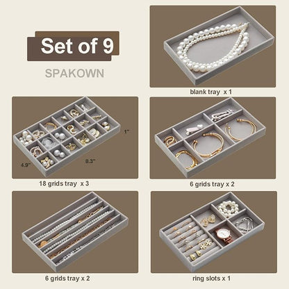 SPAKOWN Stackable Jewelry Organizer Trays Set of 9, Small Velvet Jewelry - Image 3