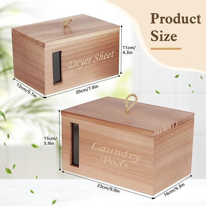 2 Pcs Wood Laundry Pods Container & Dryer Sheet Holder, Solid Pine Laundry - Image 3