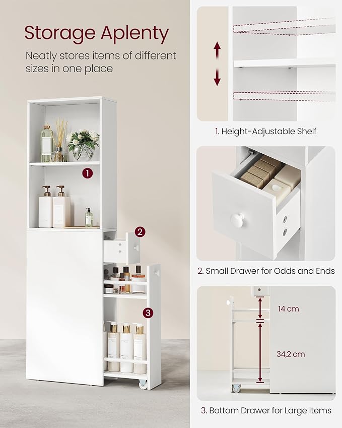 VASAGLE Slim Bathroom Storage Cabinet, Narrow Freestanding Cabinet - Image 4